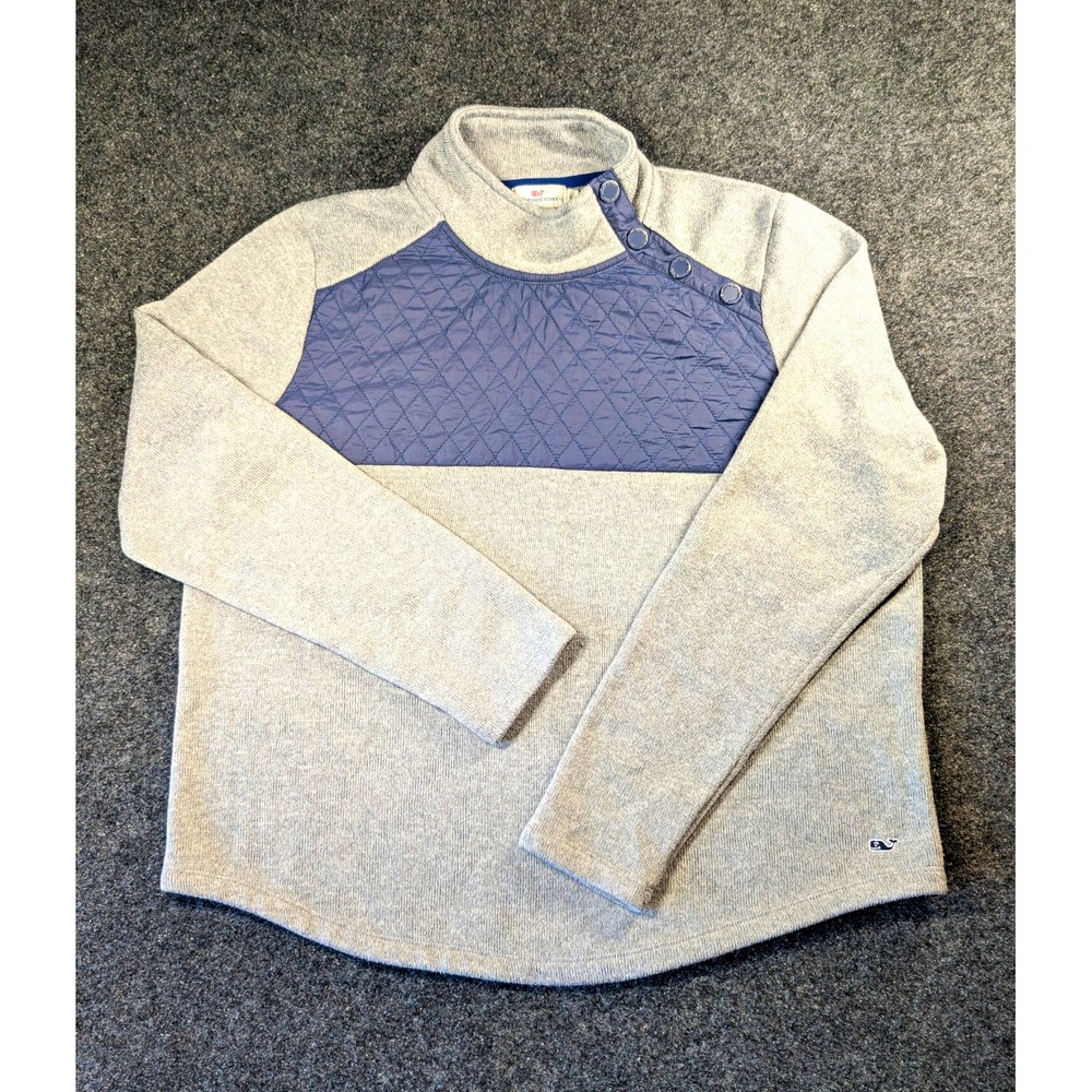 Vineyard Vines Womens Mock Neck Pullover Sweater L Gray Blue Quilted Panel
